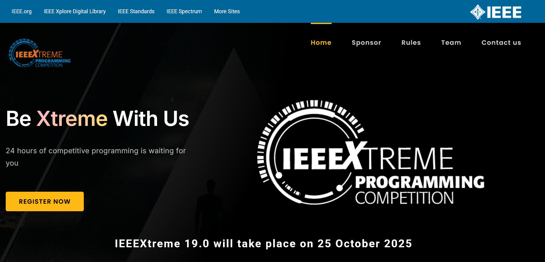 ไอคอนของเว็บ IEEEXtreme ที่เป็นวงกลมมีรอยประคล้าย บาร์โค้ดรอบๆตัวอักษร IEEE