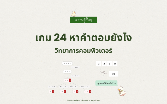 เป็ดน้องอัลกอกำลังเล่นเกม 24 อยู่ มีเลข 3 2 5 9 ลอยอยู่รอบๆตัว